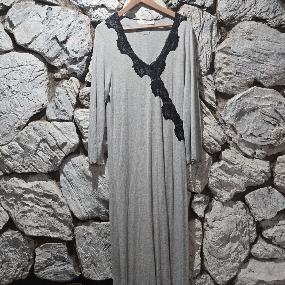 I. Magnin Maxi Dress Nightgown Logn Sleeve Lace Gray Black Women's L